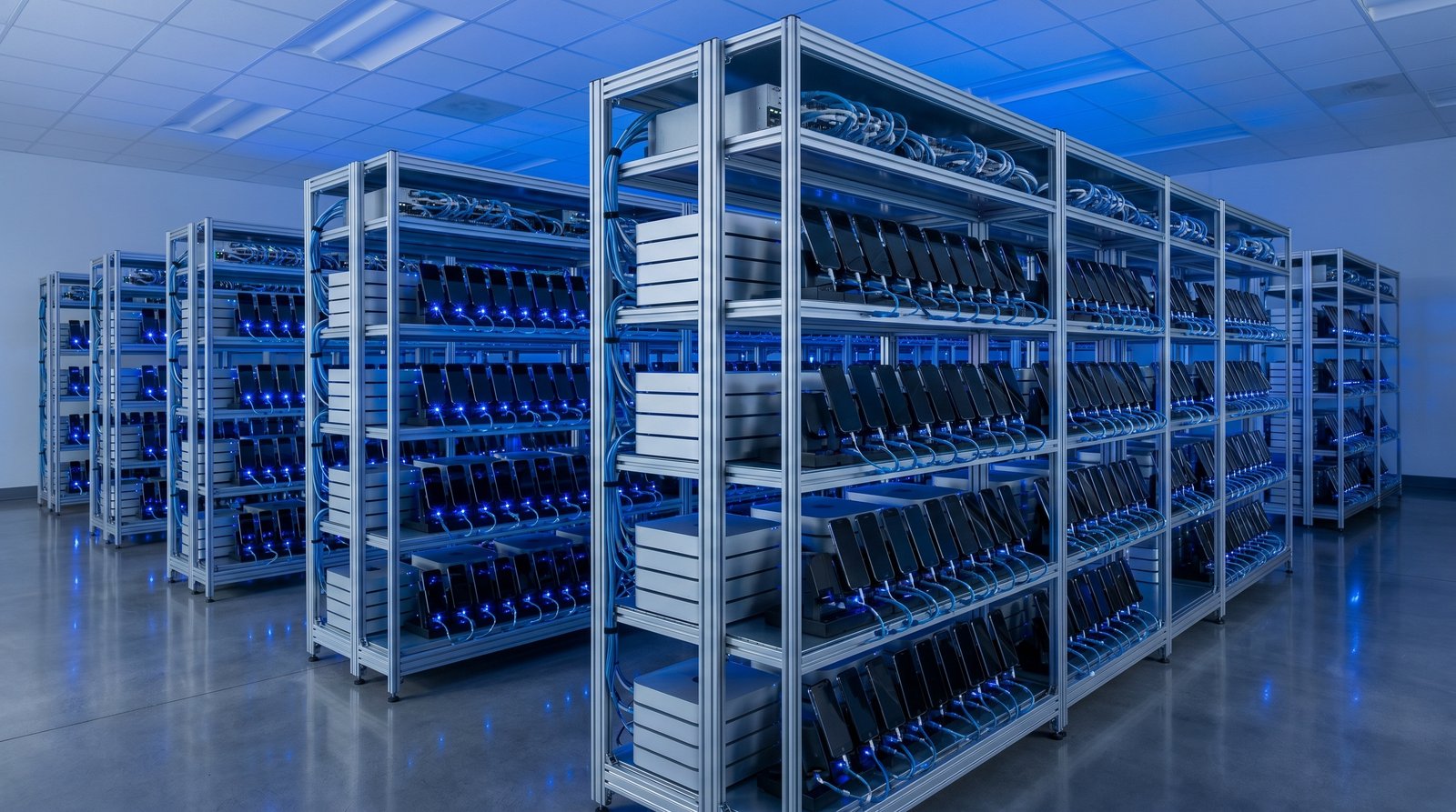 iBlueText iMessage data center — blue-lit racks of Mac minis and iPhones sending blue-bubble messages at scale