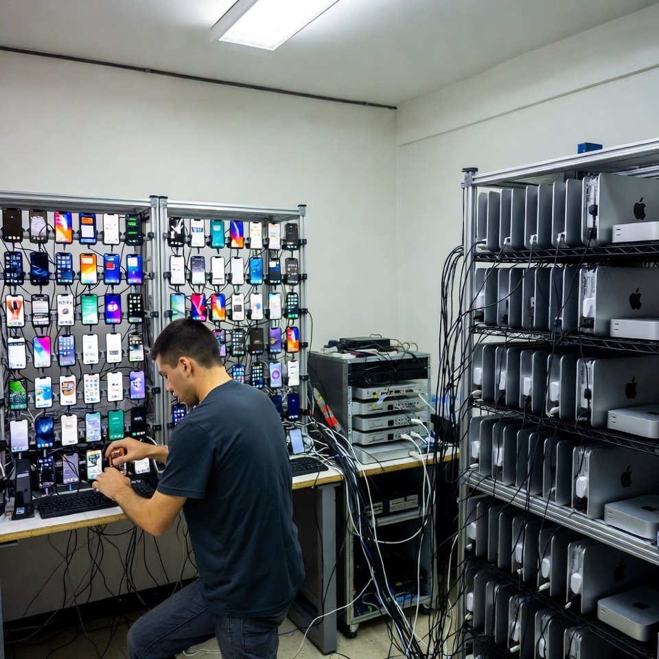 Technician building a fleet of iPhones and Mac minis to run iMessage at scale