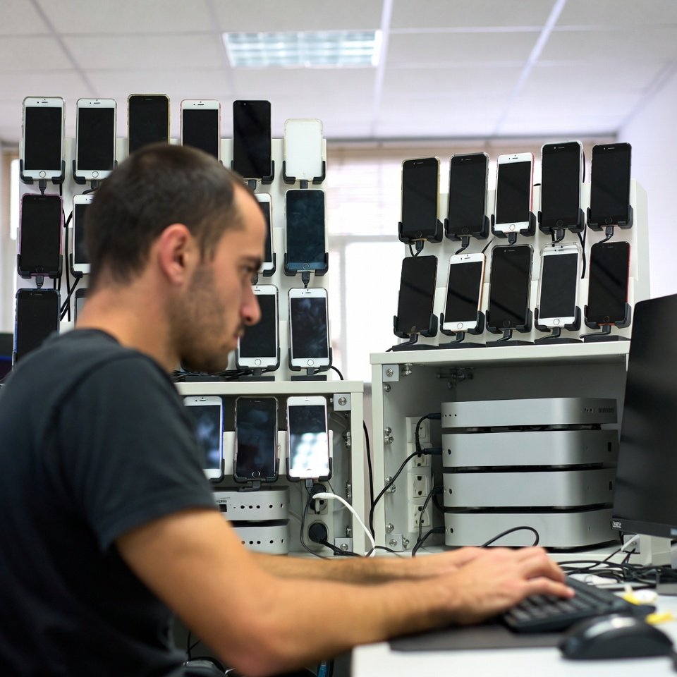 Operator managing a rack of iPhones connected to Mac minis for iMessage marketing