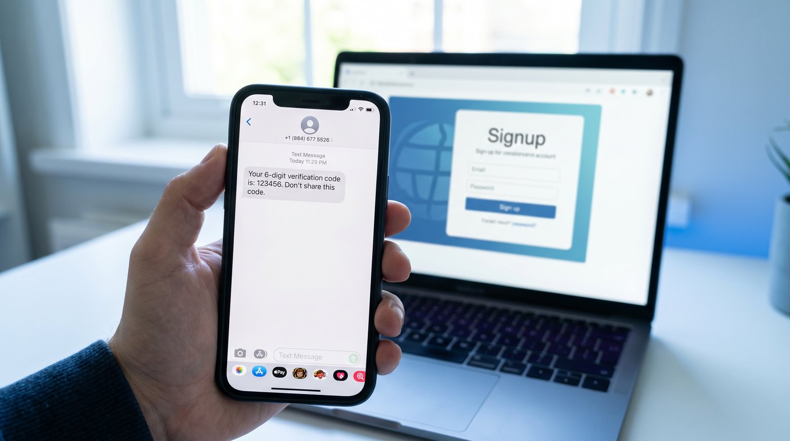 A phone receiving a 6-digit SMS verification code next to a website signup form